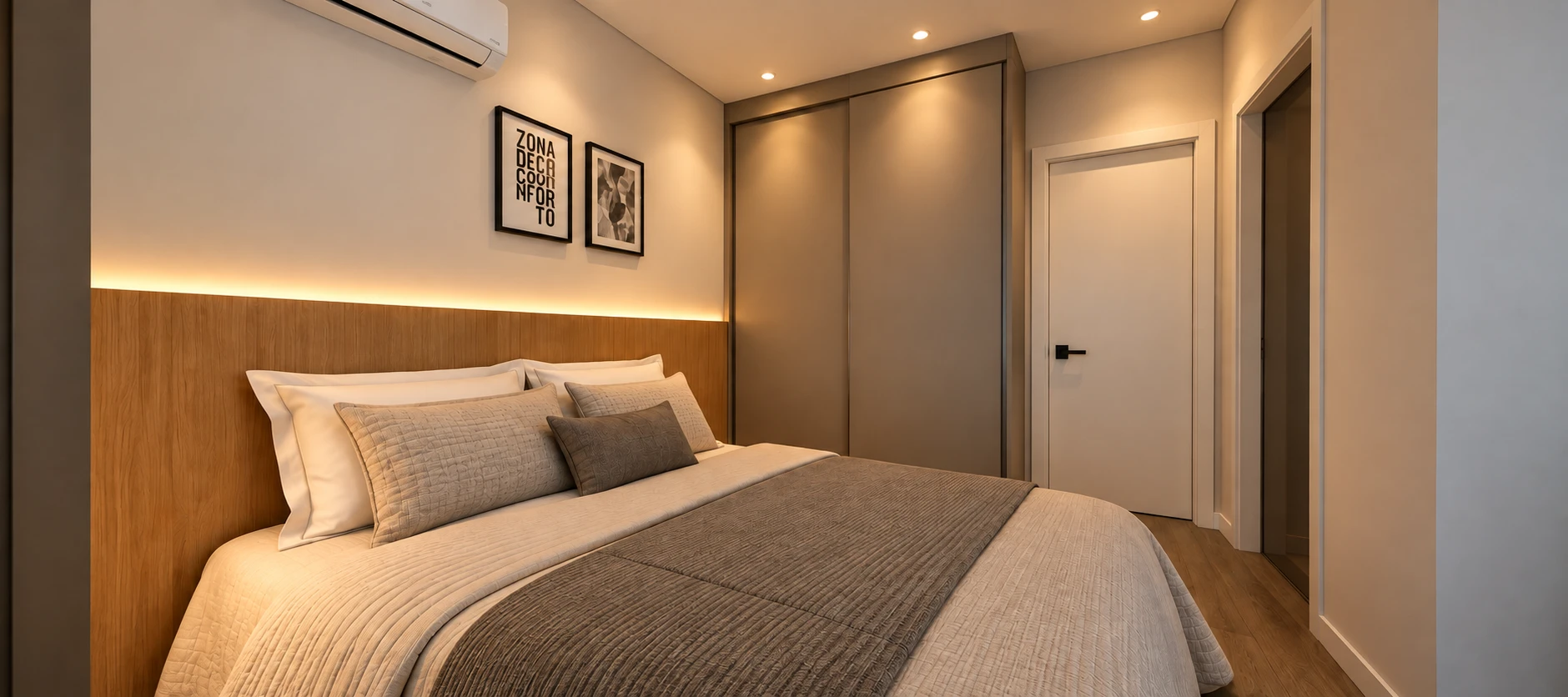 Quarto planejado com cabeceira em madeira, iluminação indireta e armário embutido