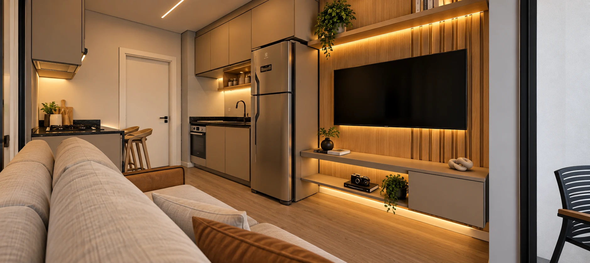 Sala integrada à cozinha em apartamento compacto, com painel ripado e marcenaria planejada